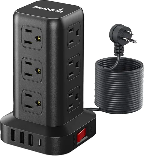 Vista 21 de SMALLRT - Cable de extensión con múltiples tomas, torre de regleta de alimentación con protector de sobretensiones, extensor de salida con 12