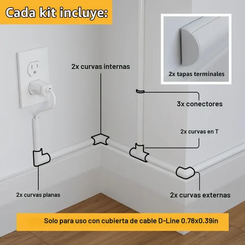 Vista 2 de D-Line Paquete de accesorios para cubierta de cable, solo para uso con longitudes de 0.78 pulgadas de ancho x 0.39 pulgadas de alto Blanco