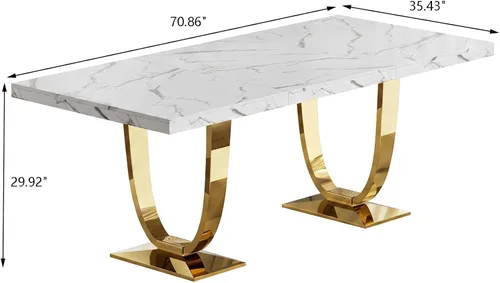 Vista 4 de Henf Mesa de comedor rectangular de mármol sintético blanco de 70 pulgadas Blanco & Oro
