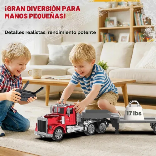 Vista 2 de KIDMARKT Camión semirremolque RC gigante de 39.6 pulgadas y 16 canales Verde/Rojo