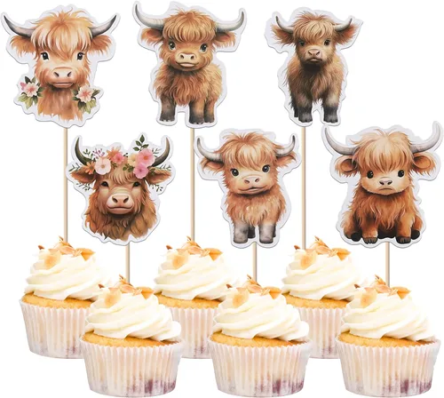 Vista 11 de Rsstarxi Paquete de 36 adornos para cupcakes con diseño de vaca, dos decoraciones para cupcakes de animales de granja con zoom de 2º cumpleaños