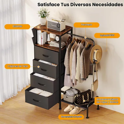 Vista 4 de Homeiju Cómoda con estante para colgar, cómoda reversible para dormitorio con 4 cajones y perchero y bolsillos laterales, cómoda con perchero, Negro