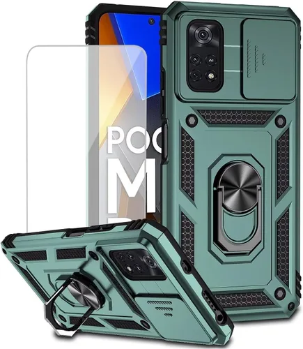 Vista 9 de Funda para Xiaomi Poco M4 Pro 4G, MZB0B5VIN con protector de pantalla de vidrio templado y cubierta de cámara deslizante, anillo magnético Soporte