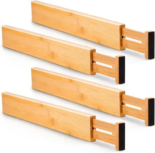 Vista 2 de Utoplike 4 separadores de cajones de cocina de bambú (16.8-21.8 pulgadas) y juego de escurridor de platos de teca de 2 niveles