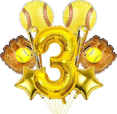 Vista 10 de 9 globos de sóftbol – Globos de papel de aluminio Mylar con número de cumpleaños de sóftbol – Suministros y decoraciones para fiestas (8vo)