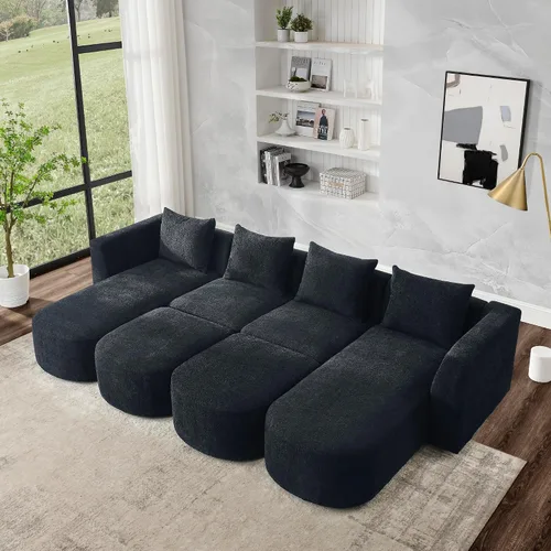 Vista 22 de Quarte Sofá modular moderno de 4 plazas con bolsillos para reposabrazos y 4 almohadas, sofá minimalista de tela de lino para sala de estar Gris
