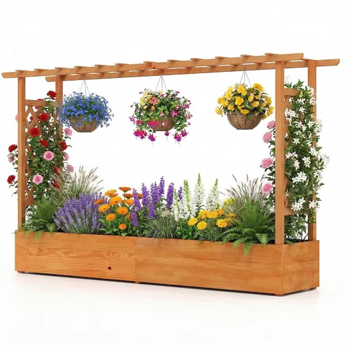 Vista 18 de HAPPYGRILL Cama de jardín elevada con enrejado y techo colgante