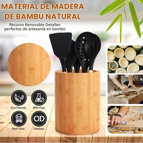 Vista 5 de Soporte de bambú para utensilios de cocina, soporte grande para encimera de cocina, cuchara de bambú y soporte para palillos para decoración