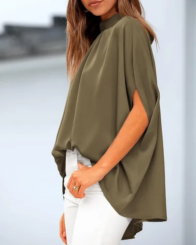 Vista 75 de BTFBM Blusas de verano para mujer, cuello alto falso, manga murciélago, holgadas, dobladillo alto y bajo, blusas informales de gran