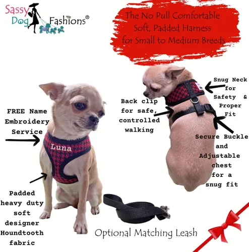 Vista 3 de Arnés personalizado para perro con nombre bordado de mascota, arnés para perro de pata de gallo, chaleco acolchado suave ajustable para perros Negro