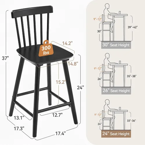 Vista 2 de LUE BONA Windsor - Juego de 2 taburetes de bar de madera para isla de cocina, estilo casa de campo de 24 pulgadas de altura de mostrador, sillas