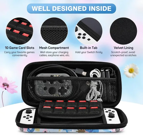 Vista 5 de MoKo Funda de transporte para Nintendo Switch modelo OLED Nintendo Switch, carcasa rígida portátil de viaje con 10 ranuras para tarjetas de juego