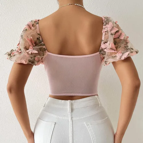 Vista 4 de Swbreety Camiseta de manga abombada bordada floral para mujer, ajustada, corsé corto, sexy, bustier