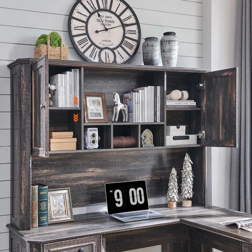 Vista 11 de T4TREAM - Escritorio ejecutivo en forma de L de 59 pulgadas con cajones, escritorio de computadora de madera estilo granja, con estación de carga