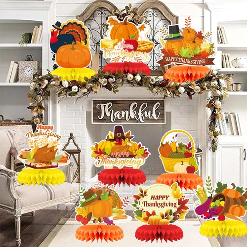 Vista 6 de Centro de mesa de Acción de Gracias, 9 piezas, decoración de mesa de otoño, calabaza, pavo, panal, Acción de Gracias, centro de mesa para decoración