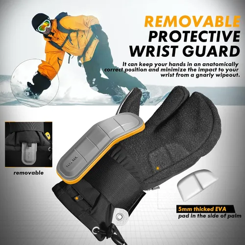 Vista 5 de MCTi Guantes de snowboard con protector de muñeca, guantes de Kevlar de 3 dedos, impermeables, para esquí de nieve en invierno