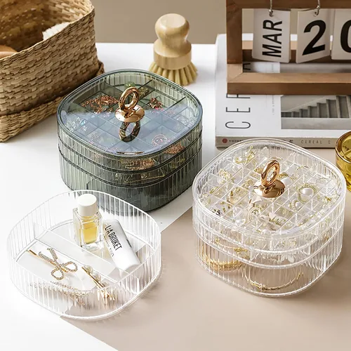 Vista 6 de Joyero, organizador de joyas de acrílico de 3 capas con asa, cajas de joyería transparentes para mujeres y niñas, organizador de maquillaje, soporte