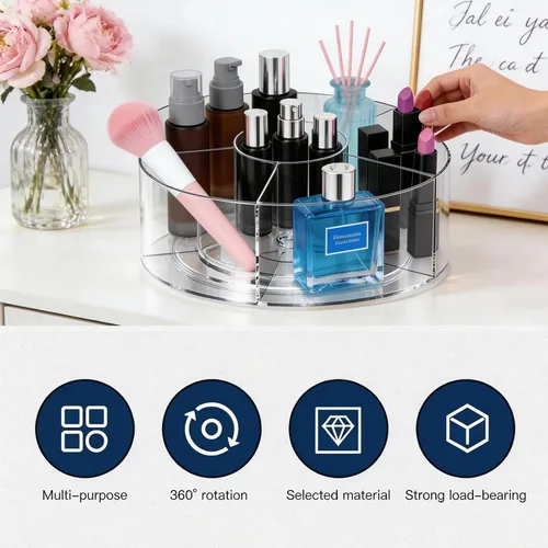 Vista 5 de Organizador de maquillaje acrílico giratorio de 360°, soporte para brochas de maquillaje transparente y soporte para bolígrafos, organizador