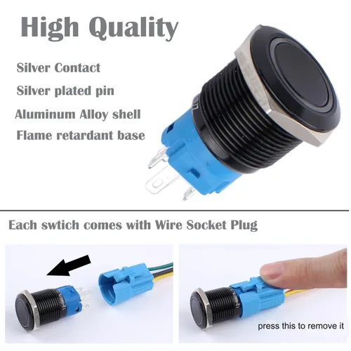 Vista 4 de 2 interruptores de botón de bloqueo de 0.748 in de 12 V-24 V, anillo de CC LED 1NO 1NC impermeable botón de metal negro encendido apagado