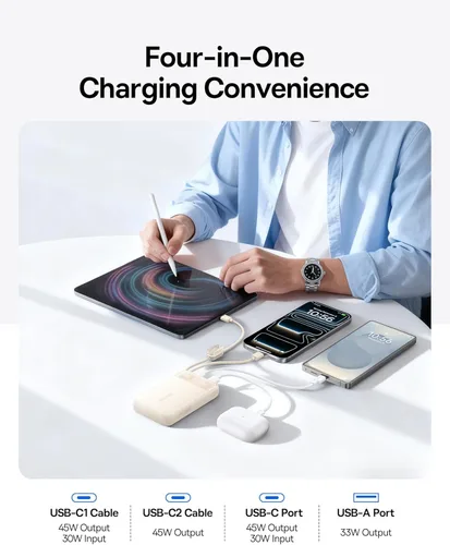 Vista 7 de Baseus Cargador portátil compacto de 20000 mAh de 45 W, banco de energía certificado CCC cables USB-C integrados, paquete de batería de carga rápida