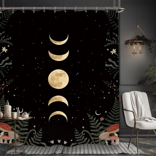 Vista 12 de Cortina de ducha gótica del zodiaco con fases lunares, constelación, astrología, galaxia, misteriosa, tarot, bruja, estética, 60 pulgadas de ancho