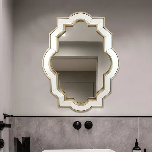 Vista 6 de Espejo festoneado dorado, espejos decorativos rectangulares grandes para decoración de pared, marco montado en la pared, espejo de latón, tocador