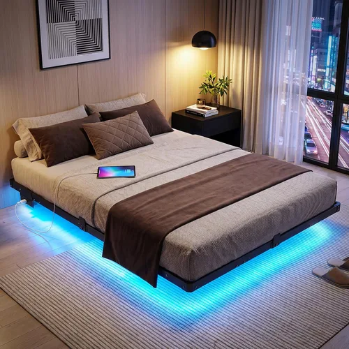 Vista 8 de Liians Marco de cama flotante moderno de tamaño completo con luces LED inteligentes, estación de carga USB, plataforma de metal resistente,