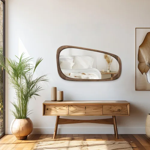 Vista 4 de AAZZKANG Espejo de pared grande con marco de madera, espejos colgantes irregulares vintage de 28 x 16 pulgadas, asimétrico para baño, dormitorio
