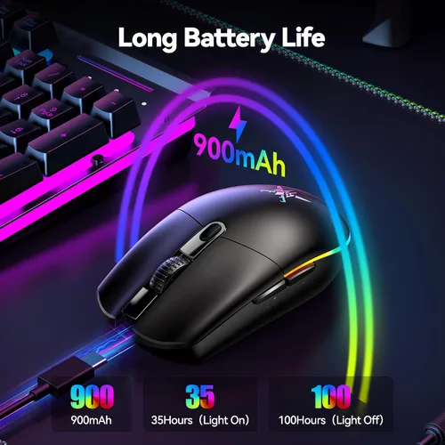 Vista 6 de TECKNET Mouse inalámbrico para juegos recargable, 8000 DPI, batería de 100 horas de larga duración, retroiluminación RGB, 6 botones programables