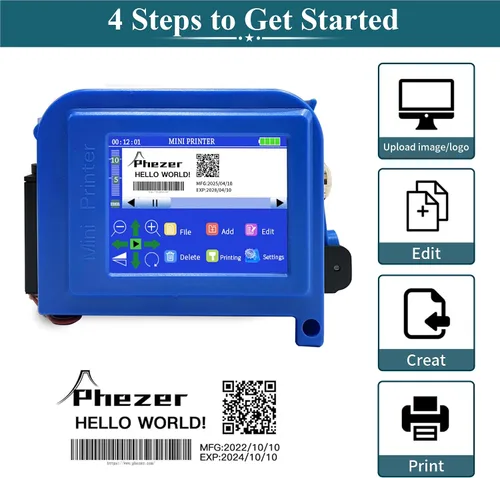 Vista 3 de Phezer Mini impresora de inyección de tinta mejorada de 1.000 in/1 pulgada para todos los materiales PC11-1, 25 idiomas, con cartucho de tinta