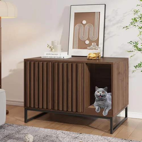 Vista 17 de Halitaa Caja de Arena para Gatos, Mueble Moderno de Caja de Arena para Gatos Caja de Arena Oculta con Almohadilla para Rascar, Mesa Auxiliar Casa
