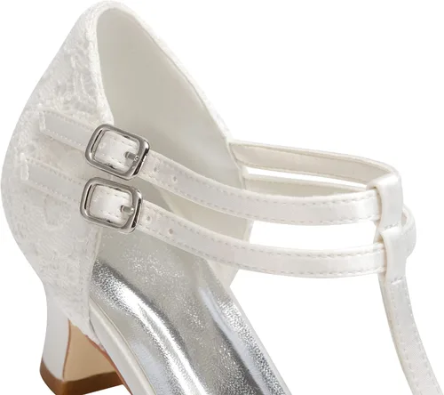 Vista 8 de JIAJIA 00968 - Zapatos de novia para mujer, puntera cerrada, correa en T, bloque de 1.9 pulgadas, tacón bajo, zapatos de satén de encaje para boda