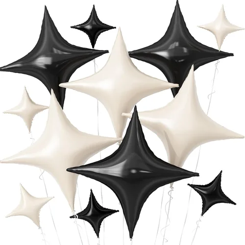 Vista 24 de Globos de Estrella Negra, 12 Piezas Globos de Papel de Aluminio de Estrella de Cuatro Ángulos, 26 Pulgadas y 10 Pulgadas Globo de Película de Negro