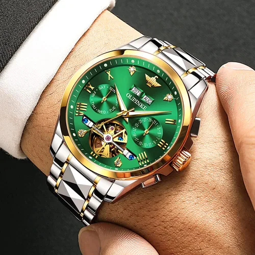 Vista 8 de OUPINKE Relojes automáticos para hombre, con esqueleto de diamante, cuerda automática, reloj de pulsera de lujo, cristal de zafiro, acero