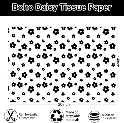 Vista 2 de Whaline 100 hojas de papel de seda bohemio con margaritas color negro y blanco, papel de regalo floral para manualidades, manualidades, flores