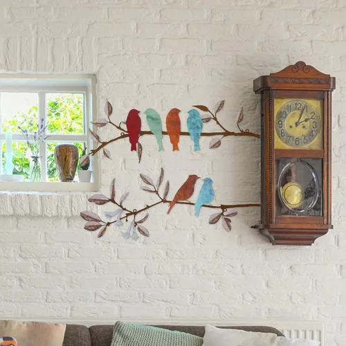 Vista 2 de HomeSoGood 2 piezas de arte de pared de pájaros de metal, decoración de pared de pájaros en rama, hojas colgantes con escultura de pájaros, pájaros