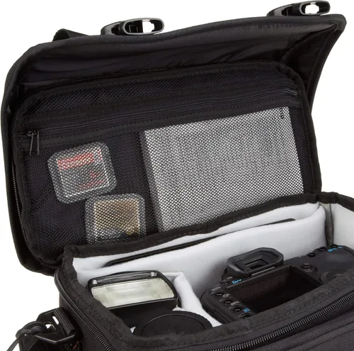 Vista 6 de Amazon Basics Bolsa grande para dispositivos DSLR, negra con interior gris