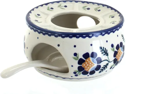 Vista 2 de Cerámica polaca de rosas azules, calentador de tetera de ramo de jardín naranja, 6.25 pulgadas de diámetro, soporte decorativo para tetera