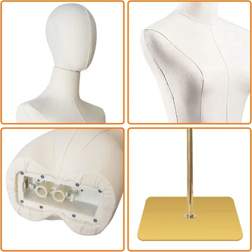 Vista 2 de Maniquí femenino con forma de torso para costura, cuerpo de maniquí dorado con soporte metálico, cabeza desmontable para exhibición de ropa