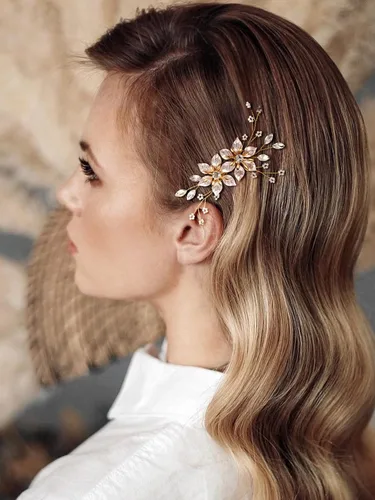Vista 4 de SWEETV Peine de pelo de novia dorado, hecho a mano, pinza para el pelo de boda, accesorios para el cabello para mujer Dorado-b