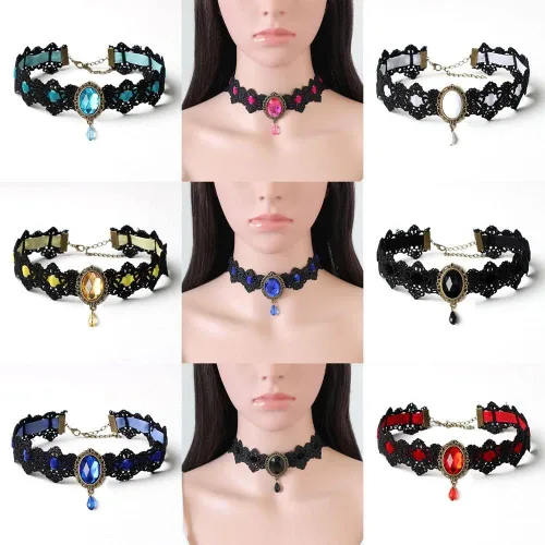 Vista 5 de Gargantilla de encaje gótico retro elegante y sexy, gargantilla de encaje negro con diamantes de imitación, joyería victoriana para mujeres y niñas