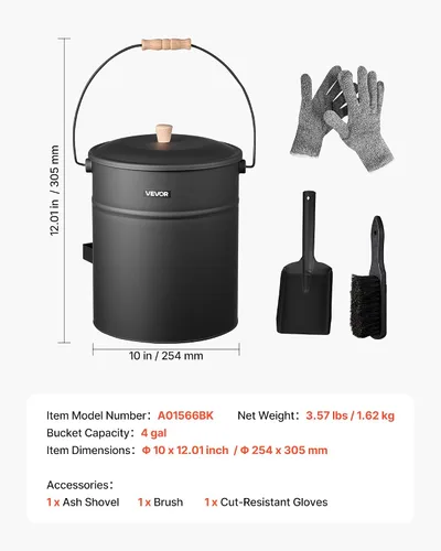 Vista 7 de VEVOR Cubo de ceniza, 4 piezas con tapa, pala, escoba y guantes, cubo de carbón de metal para chimenea y lata de cenizas, 4 galones de gran