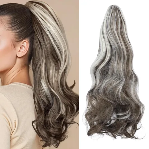 Vista 25 de Felendy Extensión de cola de caballo de 18 pulgadas, mezcla de rubio ceniza, marrón oscuro, rizado, ondulado, con clip, extensiones de cabello largo
