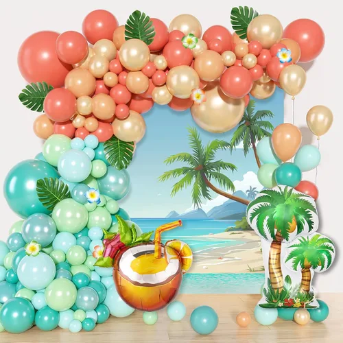 Vista 2 de Amandir Kit de guirnalda de arco de globos tropicales de 165 piezas, azul aguamarina, coral, rojo, rubor, verde pastel, globos de coco, hojas