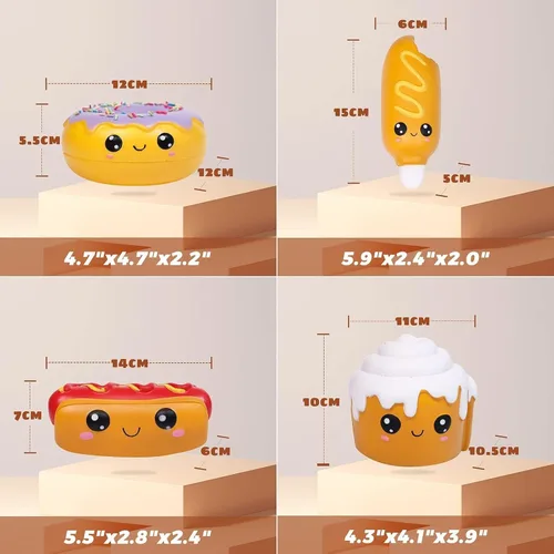 Vista 3 de Anboor 4 piezas Squishies Hot Dog Cake Pan Donut Kawaii perfumado suave levantamiento lento exprimir alivio del estrés niños juguete Navidad