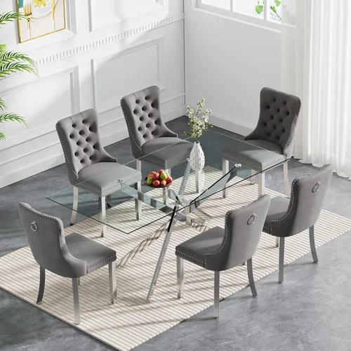 Vista 115 de Juego de mesa de comedor de cristal plateado moderno de 47 pulgadas para 2, juego de mesa de comedor de cocina redonda de 3 piezas con patas