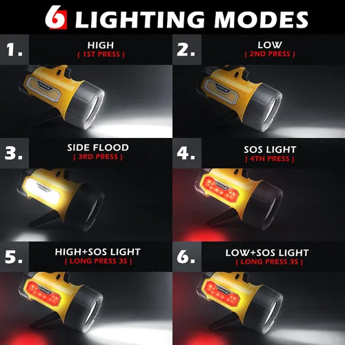 Vista 2 de FORTO Foco recargable, 200000 lúmenes, luz de mano con soporte plegable, 6 modos IPX7, impermeable, luces LED para pasear al perro, caza, camping
