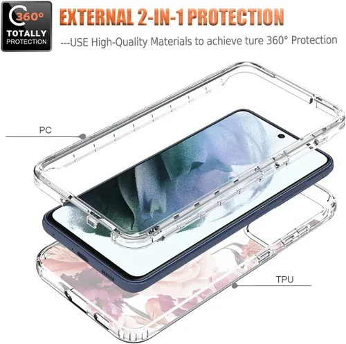 Vista 3 de Funda para Galaxy S21 FE, SM-G990U con protector de pantalla de vidrio templado, diseño floral a prueba de golpes, carcasa protectora de cuerpo