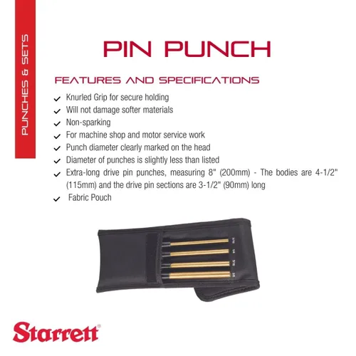 Vista 2 de Starrett Juego de punzones de latón extralargos con agarre moleteado y bolsa de tela, 8 pulgadas de longitud, 1/8 pulgadas, 3/16 pulgadas, 1/4