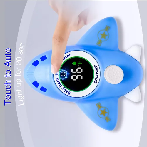 Vista 4 de Termómetro de bañera para bebé, juguete azul de avión, monitor digital flotante de temperatura del agua con pantalla LED y alarma de color, adecuado